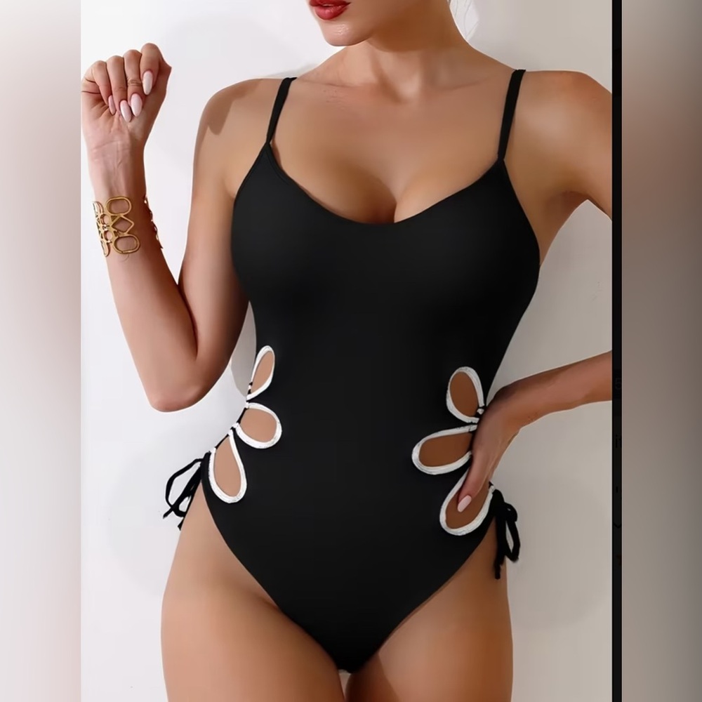 Black One-Piece Swimsuit with White Accents